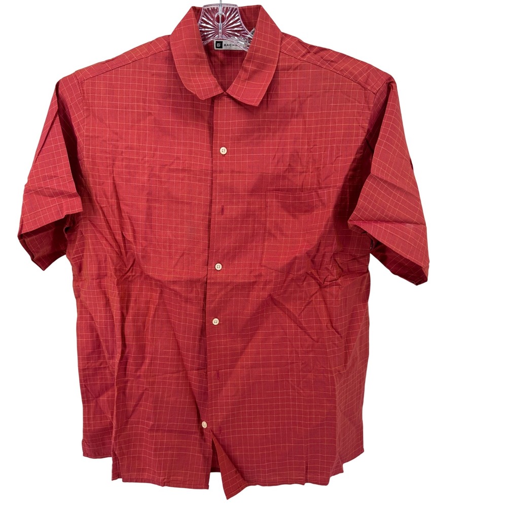 Bachrach Shirt Large Red Plaid Short Sleeve Button Up Shirt Men's Silk Blend